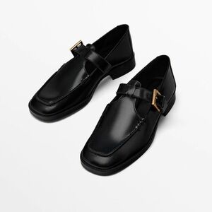 Massimo Dutti Black Loafers with Gold Buckle